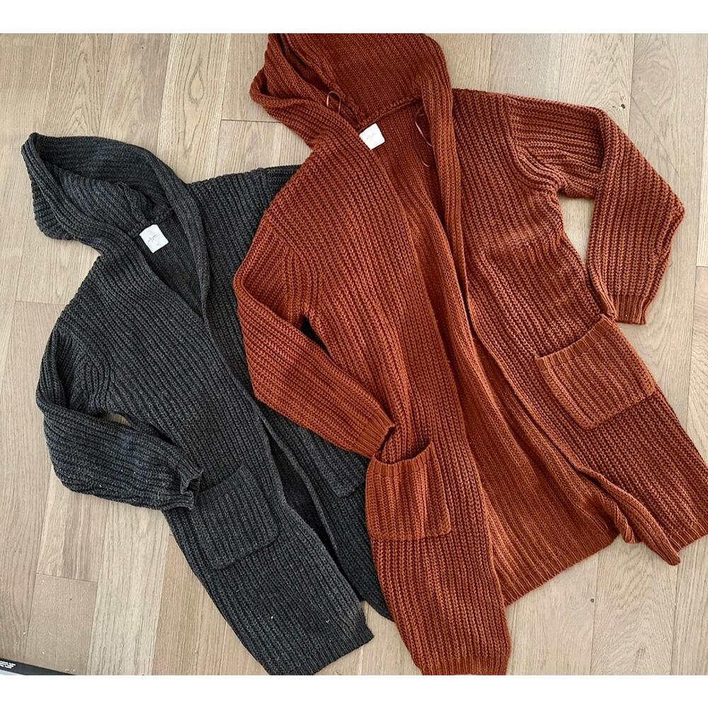 Lot/2 Carly Jean Los Angeles M sweater thick pretty knit open hoodie CJLA grey - Picture 2 of 9
